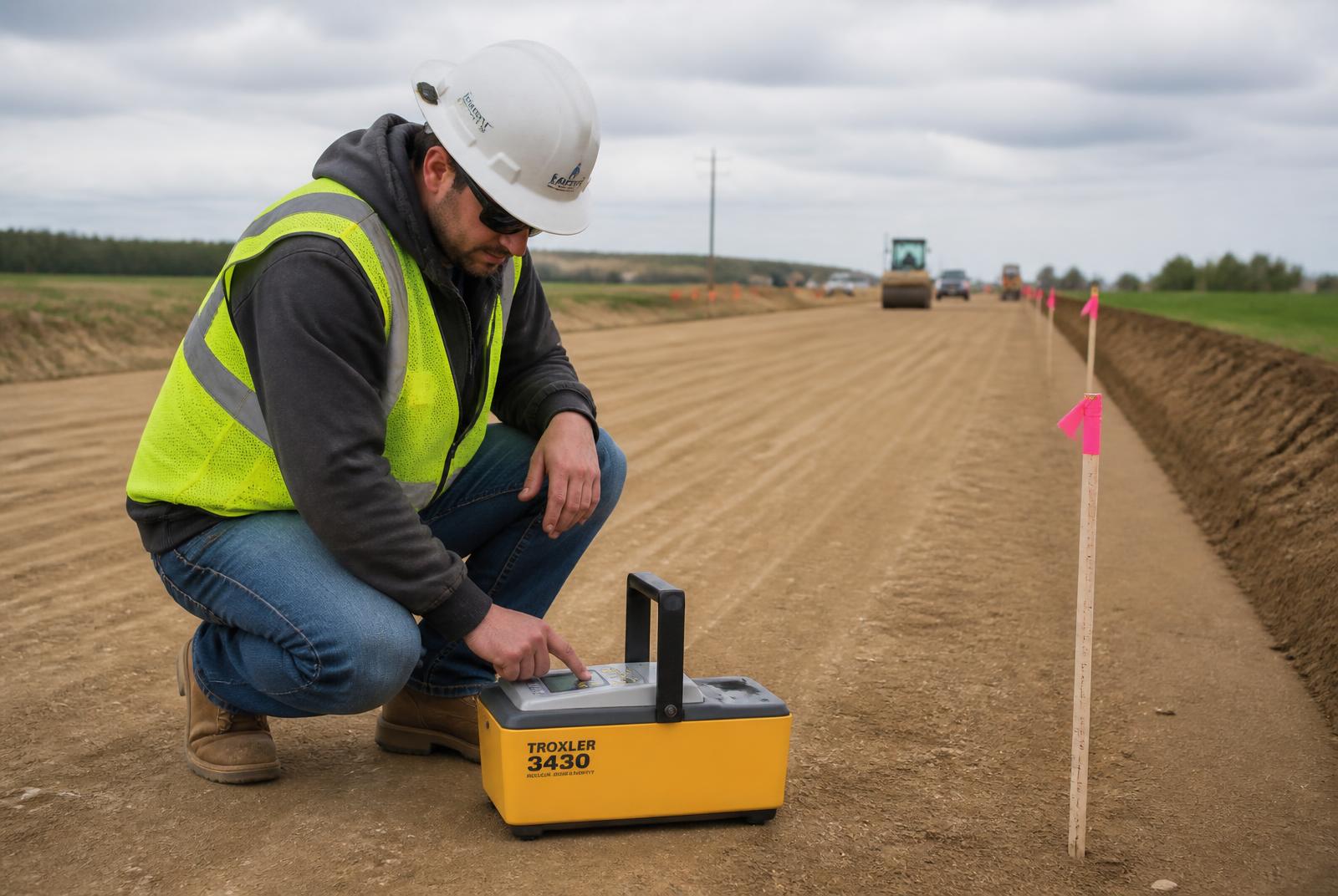 Technician setting up monitoring equipment at an active construction site